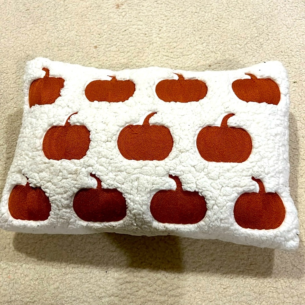 Sherpa & Rust Pumpkins Embroidered Rectangular Throw Pillow with Zipper